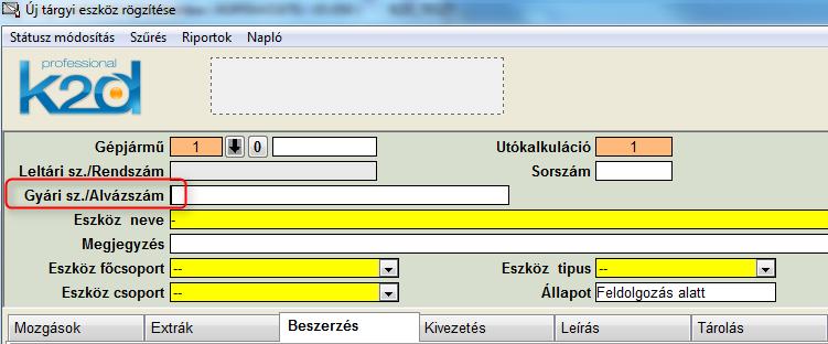 4. Pénzügy Új tárgyi eszköz A Gyári szám / Alvázszám mező