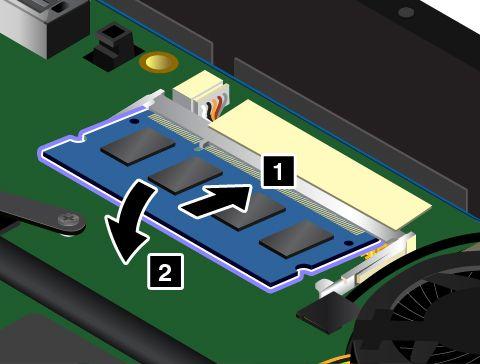 6. Helyezze be az új memóriamodult a memóriahelyre 1 kb. 20 fokos szögben a memóriamodul rovátkás végével a memóriahely érintkezőfelülete felé. Hajtsa le a memóriamodult, amíg a helyére nem pattan 2.