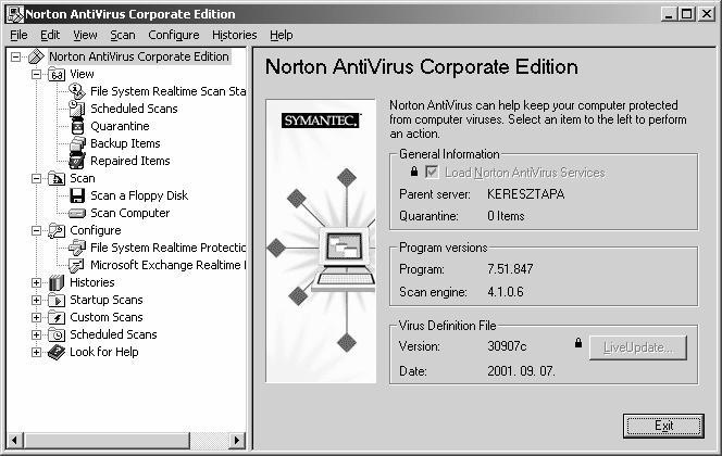 A program bezárásához adjuk ki a File menü Exit parancsát, vagy kattintsunk a szerkezeti panel Norton Antivirus Corporate