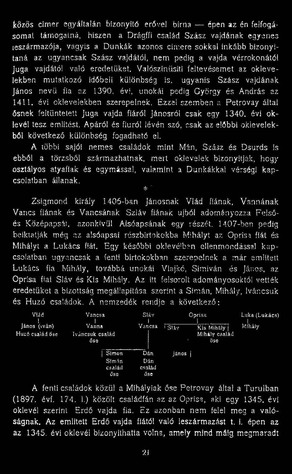 Valószínűsíti feltevésemet az oklevelekben mutatkozó időbeli különbség is, ugyanis Szász vajdának János nevű fia az Í39Q. évi, unokái pedig György és András az 1411. évi oklevelekben szerepelnek.