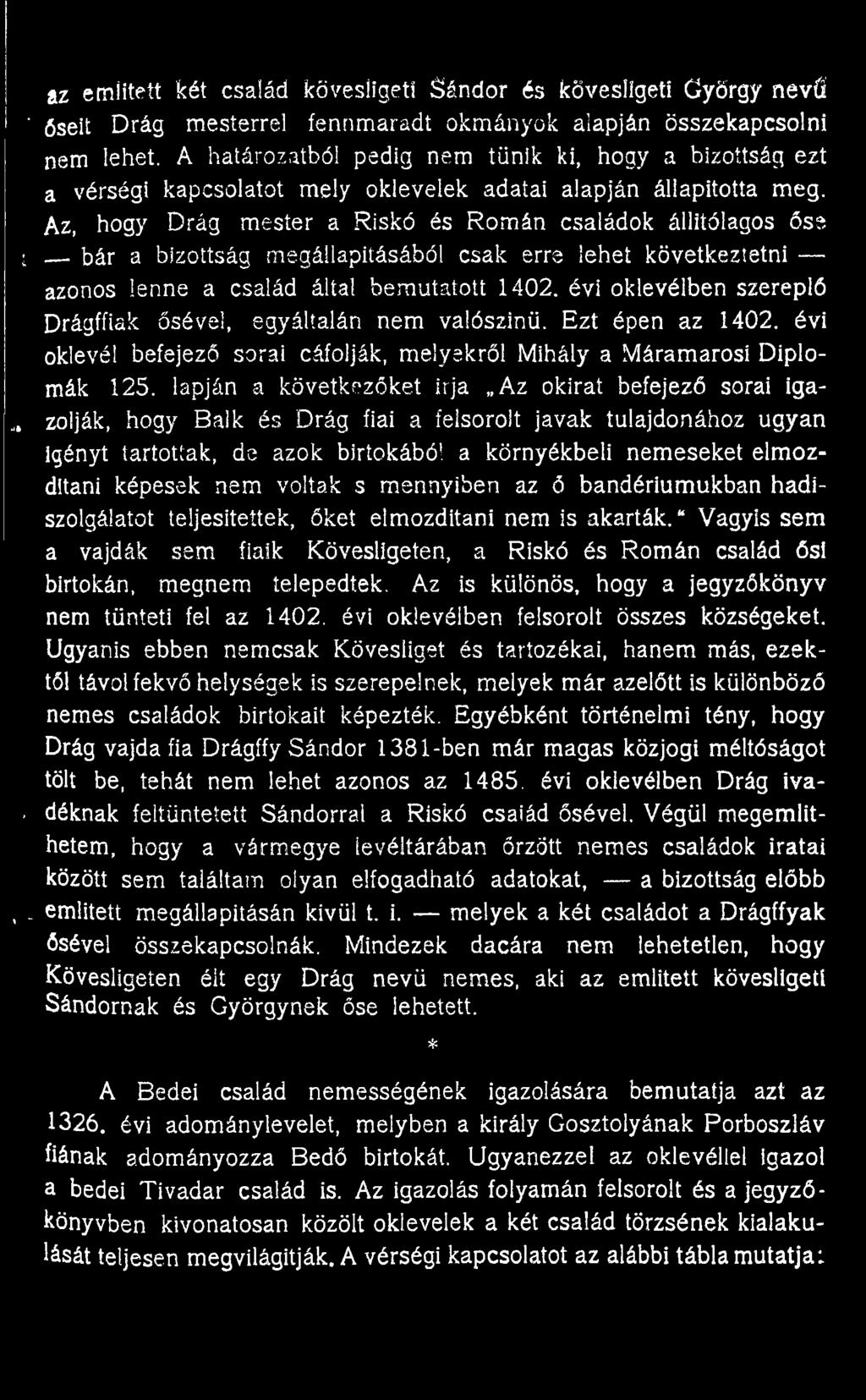 Az, hogy Drág mester a Riskó és Román családok állítólagos őse I bár a bizottság megállapításából csak erre lehet következtetni azonos lenne a család által bemutatott 1402.