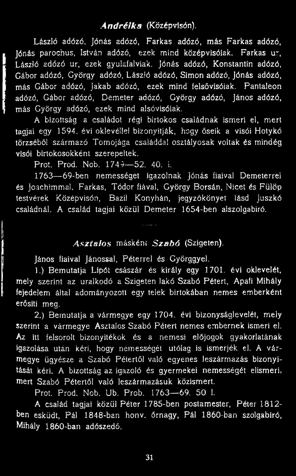 Pantaleon adózó, Gábor adózó, Demeter adózó, György adózó, János adózó, más György adózó, ezek mind alsóvisóiak. A bizottság a családot régi birtokos családnak ismeri el, mert tagjai egy 1594.