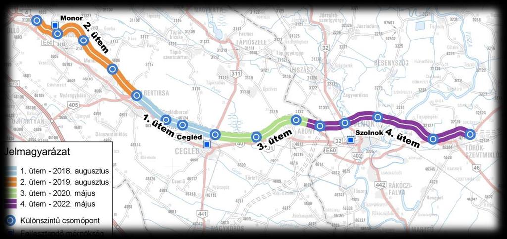 M4 autóút Az M4 autóút Üllő (M0) Abony (Kelet) közötti szakasza, 2x2 sávos autóútként, 26,6 m koronaszélességgel, mintegy 62 km hosszban valósul meg.