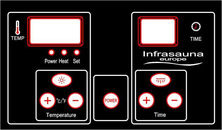 BEKAPCSOLÁS: nyomja meg a POWER gombot a vezérlőpanelen, ezután a a piros HEAT feliratú LED elkezd világítani. A kijelzőn megjelenik az aktuális hőmérséklet és az idő.