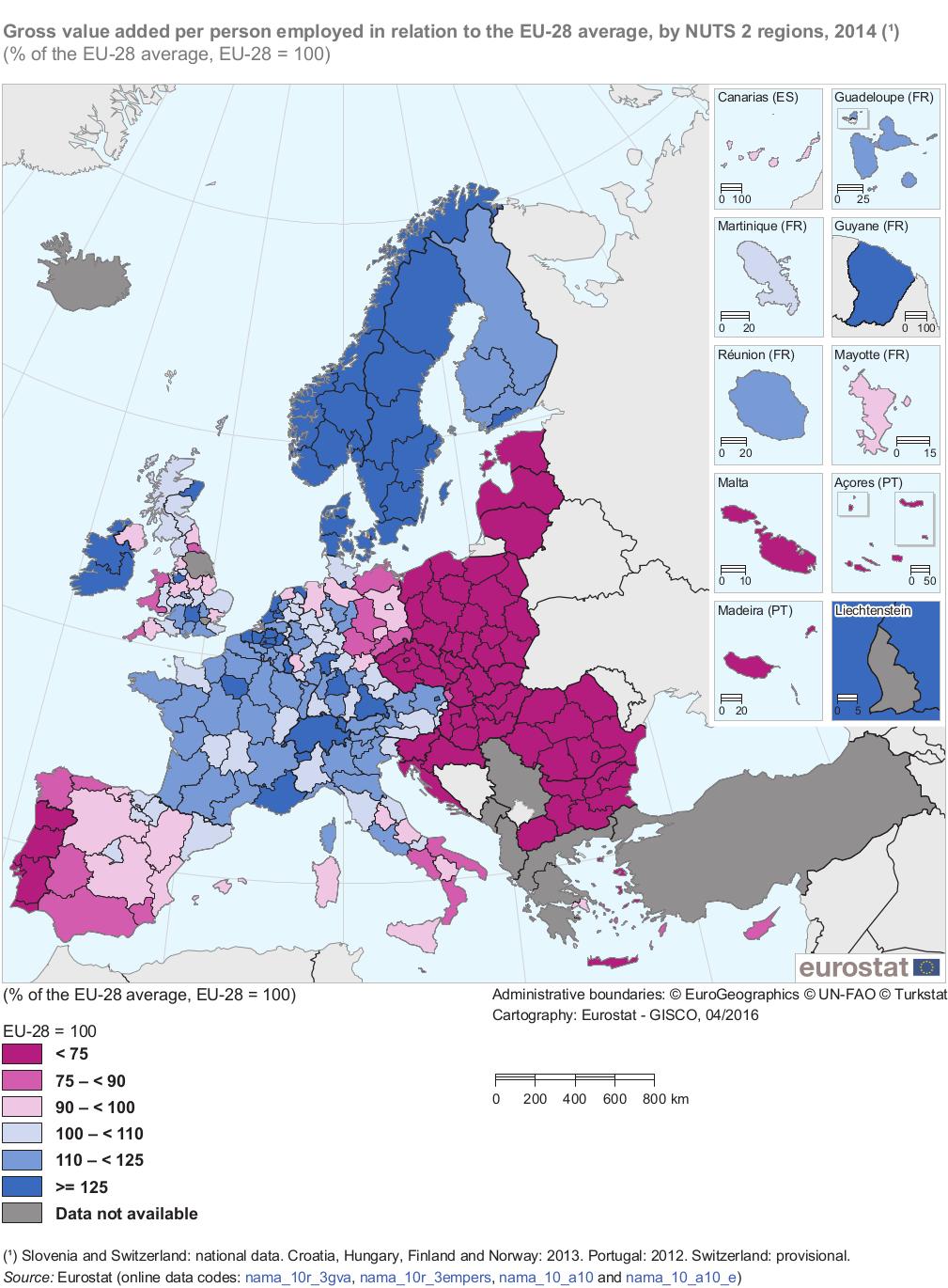 3. térkép: Az egy alkalmazottra vetített bruttó hozzáadott érték az EU-28 átlagához viszonyítva, NUTS 2 régiók szerinti bontásban, 2014