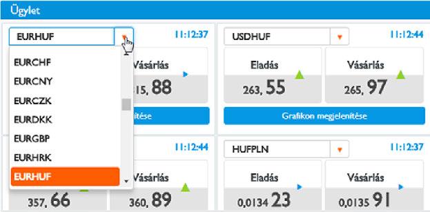 EGYÉB DEVIZAPÁROK Ha egy másik pénznempárra szeretne ügyletet végrehajtani, bontsa ki a menüt, és válassza ki a kívánt devizapárt.