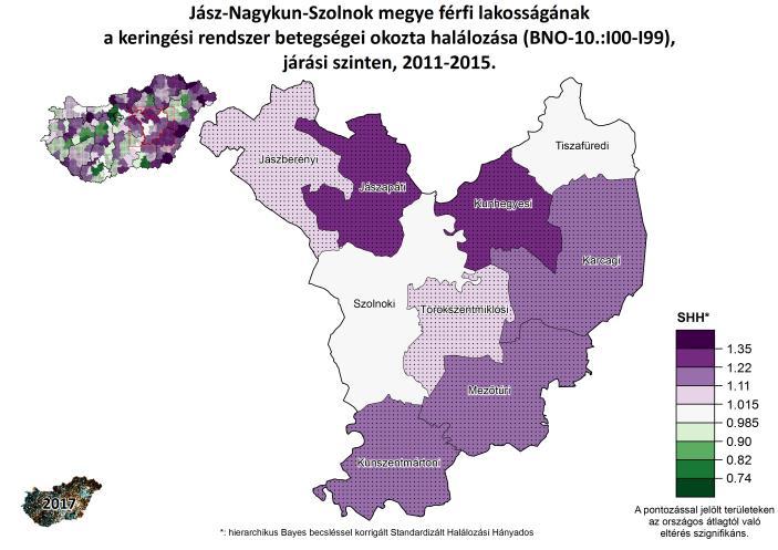 Standardizált Halálozási Arányszám 100000 főre 15. ábra A keringési rendszer betegségei miatti halálozás Jász-Nagykun-Szolnok megye járásaiban, 2011-2015. Forrás: JNSZM KH NFO, 2017.