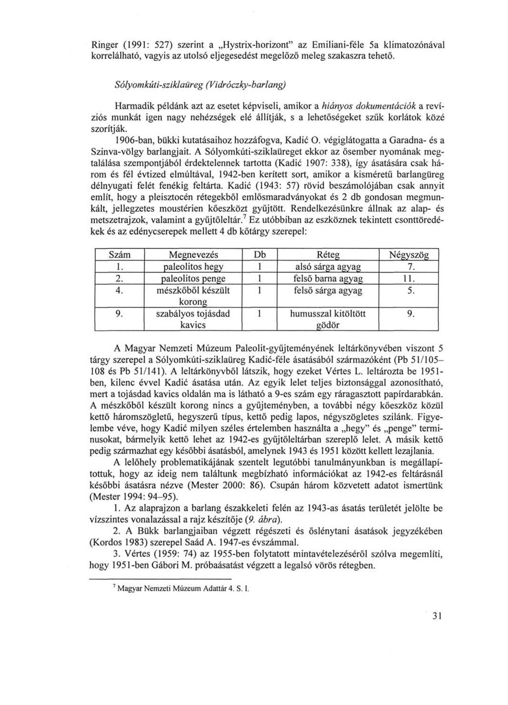 Ringer (1991: 527) szerint a Hystrix-horizont" az Emiliani-féle 5a klimatozónával korrelálható, vagyis az utolsó eljegesedést megelőző meleg szakaszra tehető.