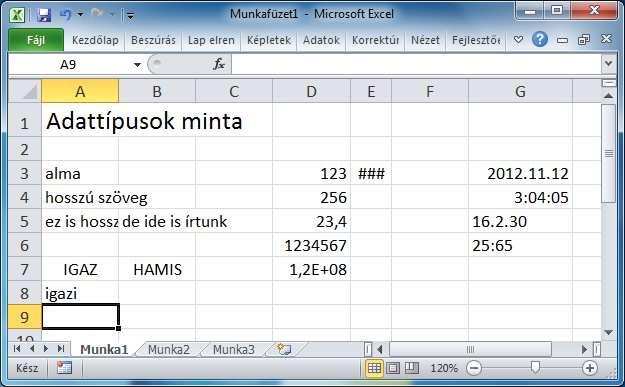 SZE INFORMATIKAI KÉPZÉS 2 ADATTÍPUSOK, KIFEJEZÉSEK Az Excelt kezdetben használhatjuk akár csak táblázatba írt szöveges adatok tárolására, vagy egyszerű számítások elvégzésére.