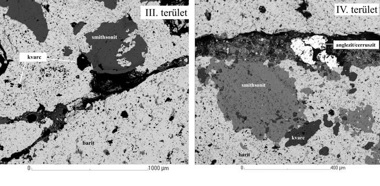 A smithsonit különböző szövet-szerkezeti típusai a rudabányai karbonátos érctelepben észleltünk, baritzárvánnyal a belsejében (6. ábra). Itt a smithsonitnak pár százaléknyi Fe-tartalma van. IV.