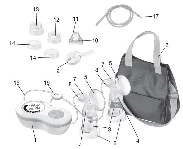 5. A készülék részei 1. Mellszívó készülék, kijelzővel 10. Cumi 2. Cumisüveg tartó 11. Cumisüveg fedél 3. Cumisüveg (180ml) 12. NUK cumisüveg adapter (a mellszívó ilyen üveggel is használható) 4.