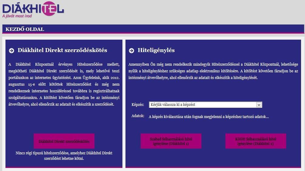 Az igénylés lépései: A Diákhitel igénylése gomb megnyomásával az ETR átirányítja Önt a Diákhitel Direkt (továbbiakban DD) e célra kialakított felületére, ahol a tanulmányi rendszerben már meglévő