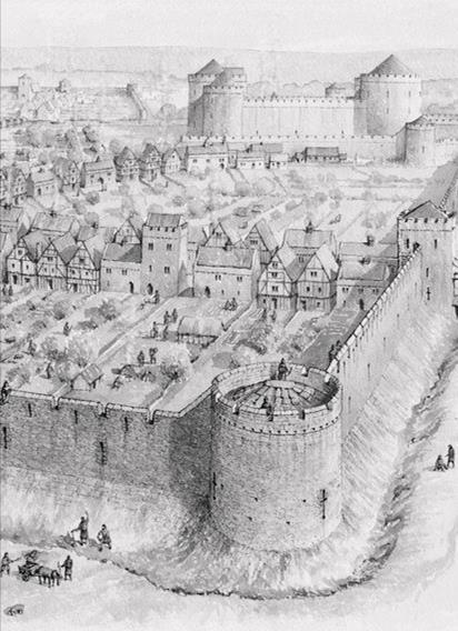 A középkori fallal körülvett város maga volt a hibrid entitás funkcionális szempontból, a rendelkezésre álló rendkívül szűk helyen a teret teljesen kitöltötték és minden keveredett mindennel.