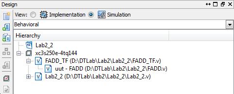 A Lab2_2 feladat lényegi része Az ISE szimulációs módban két független jövőbeni szimulációs feladat látszik Az FADD_TF környezet és benne az FADD.v, mint uut A Lab2_2.