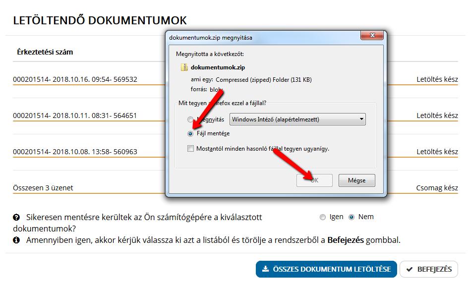 Az egyes dokumentumok letöltését, valamint a tömörített állomány létrehozását folyamatjelző mutatja. Mentse le a tömörített dokumentumok.zip állományt.