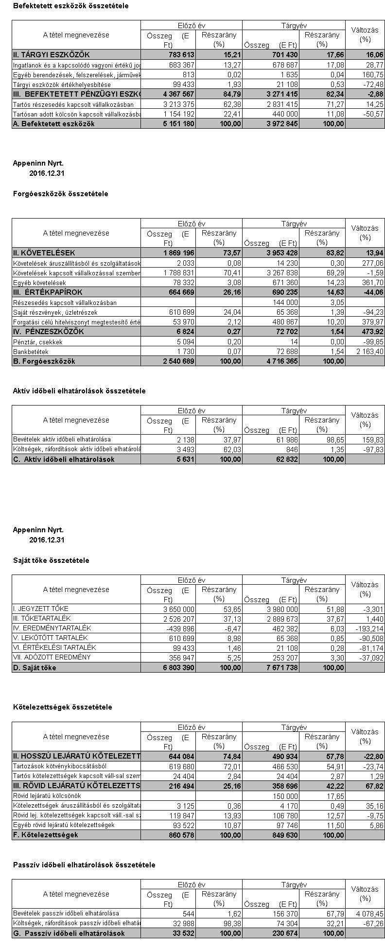 Appeninn Nyrt. 2016. 12. 31.