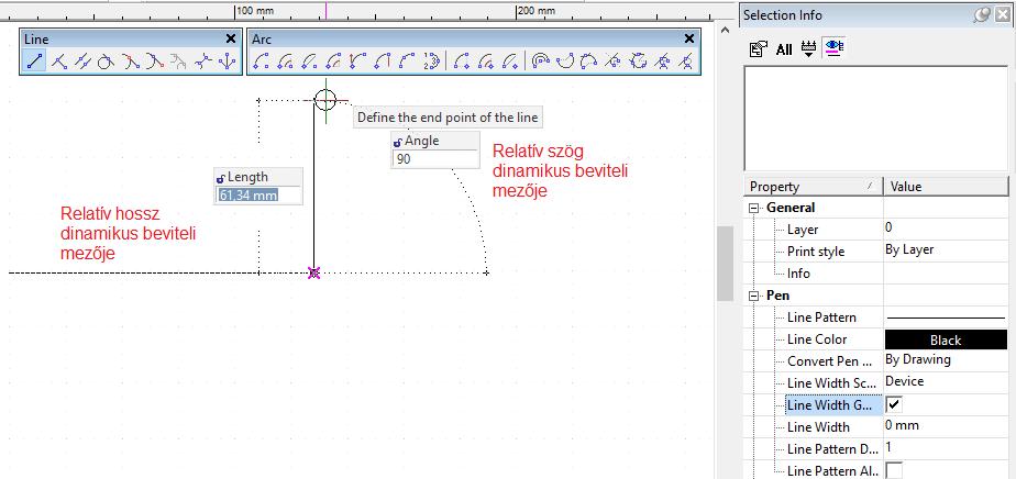 Enter billentyűt (vagy használjuk a tárgyrasztert, ha pontosan egy másik rajzelemből levezethető hosszt, pontot rögzítenénk).