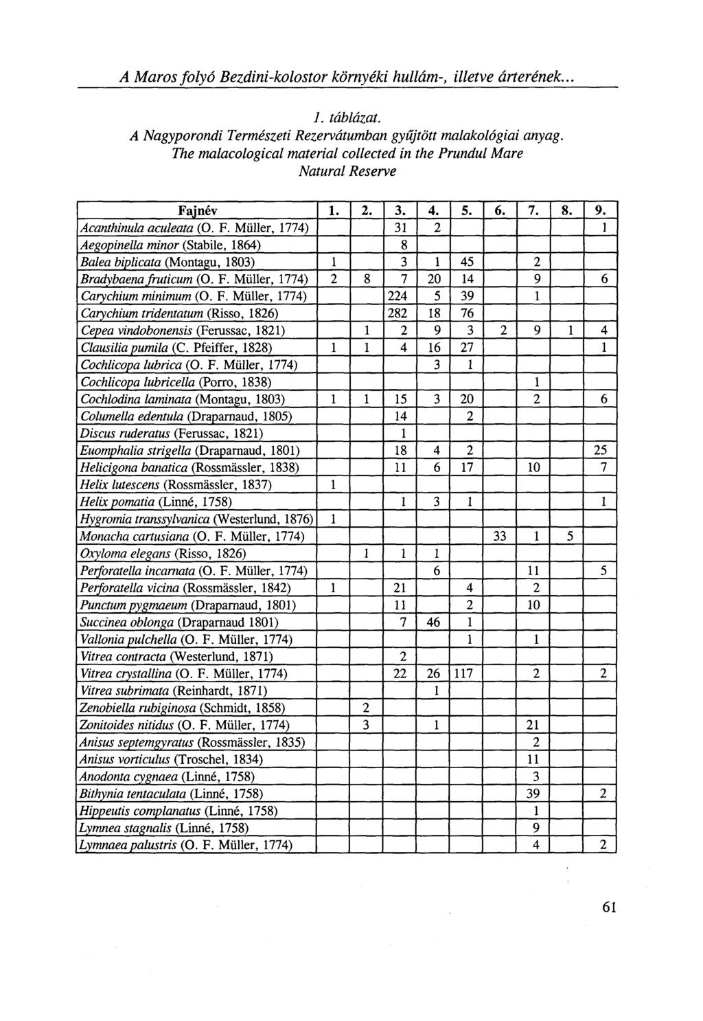 A Maros folyó Bezdini-kolostor környéki hullám-, illetve árterének... 1. táblázat. A Nagyporondi Természeti Rezervátumban gyűjtött malakologiai anyag.