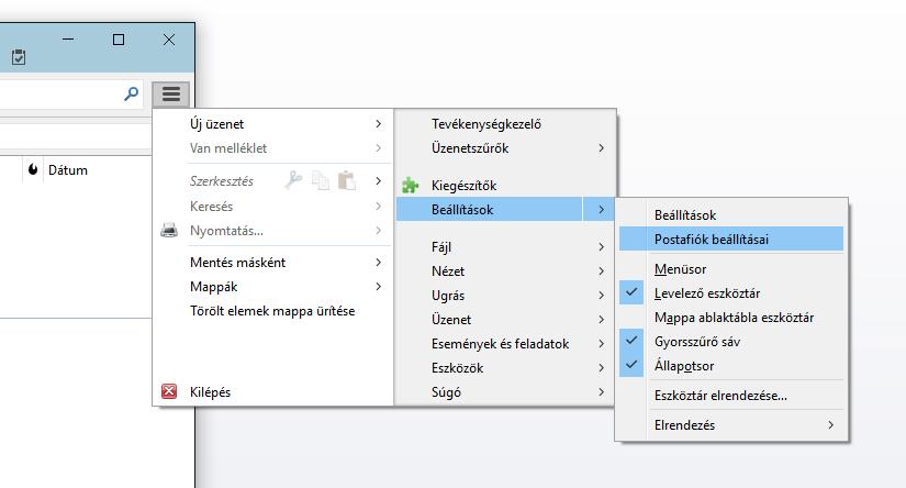 2.3 Mozilla Thunderbird Kattintson a jobb felső sarokban található menüre (három vízszintes vonal), majd válassza a Beállítások > Postafiók beállításai lehetőséget.