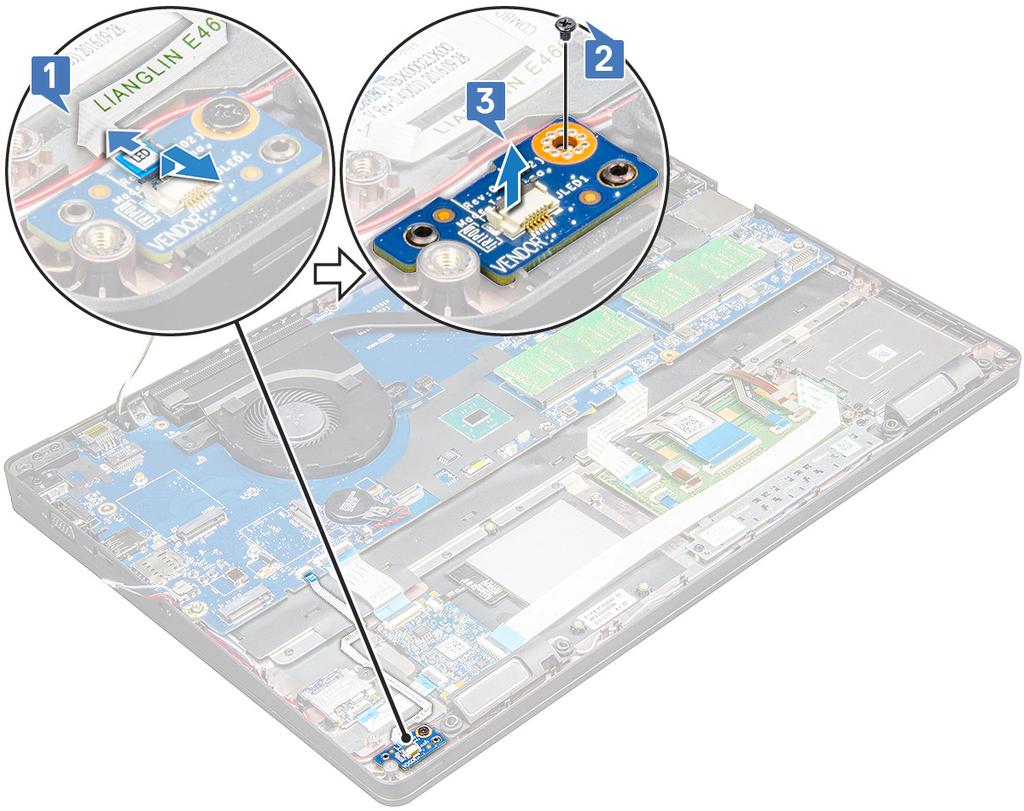 a b c d e f alapburkolat elem WLAN-kártya WWAN SSD-kártya vagy merevlemez-meghajtó váz kerete 3 A LED-panel eltávolítása: a Emelje meg a reteszt, és válassza le az LED-kártya kábelét a LED-kártyán