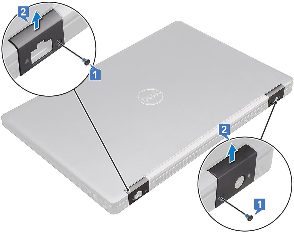 A csuklópántfedél felszerelése 1 Helyezze el úgy a csuklópántkeretet, hogy az illeszkedjen a laptop csavarfurataihoz. 2 Húzza meg a kijelzőszerkezetet a laptophoz rögzítő M2 x 3,0 (OD4,5) csavarokat.