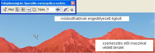 Az Tulajdonságsor eszköztár Tűrés mezőjében (0-100 között) beállítható a közelítés tűrése, vagyis az eszköz a megjelölt színhez mennyire közeli színeket tekintsen