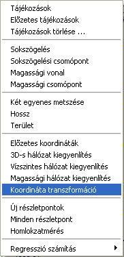 affin transzformációnál pedig három pont esetén végezhetők el a számítások. A cél koordinátarendszer pontjait egy külön GeoEasy (*.geo, *.coo) állományban kell eltárolni.