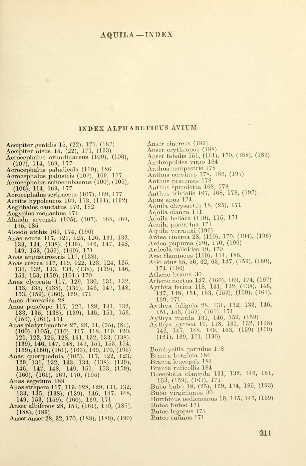 AQUILA INDEX INDEX ALPHABETICUS AVIUM Accipiter gentilis 15, (22), 171, (187) Accipiter nisus 15, (22), 171, (193) Acrocephalus arun<hnaceus (100), (106), (107), 114, 169, 177 Acrocephalus paludicola