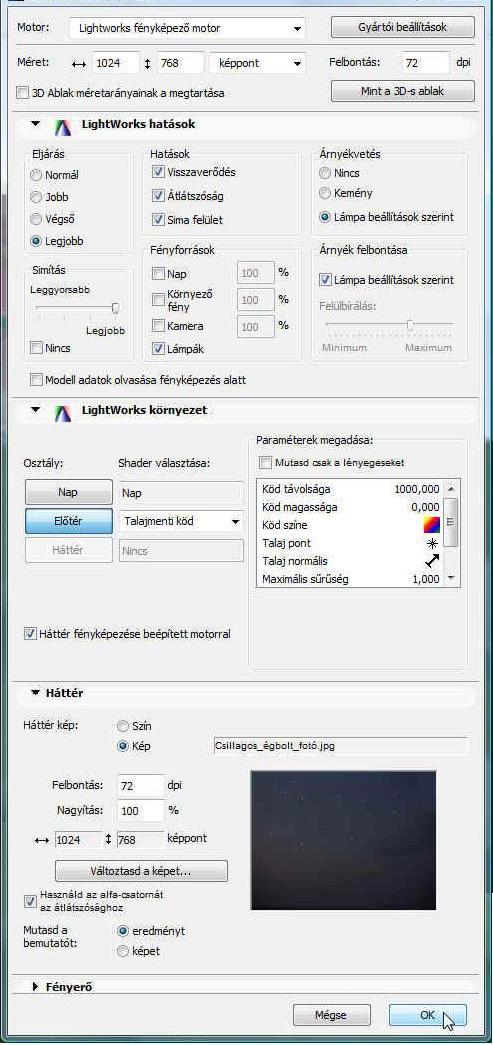 bekapcsolásával érhetjük el - vagy hogy az átlátszónak megadott felületek valóban úgy is jelenjenek-e meg (Átlátszóság), hogy fénykibocsátók legyenek-e a felületek, vagy sem (Fénykibocsátás),