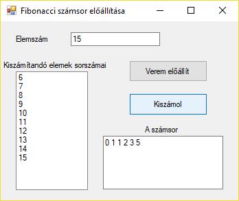 egy ListBox vezérlőben jelenítse meg! Az elemek kiszámítását egy Timer vezérlő irányítsa, a vezérlőt egy gomb megnyomásakor engedélyezze!