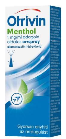 Otrivin Menthol 1 mg/ml adagoló oldatos orrspray, 10 ml (164,9 Ft/ml) hatóanyag: xilometazolin-hidroklorid Gyorsan megszünteti az orrdugulást és hatása akár 12 órán át tart.