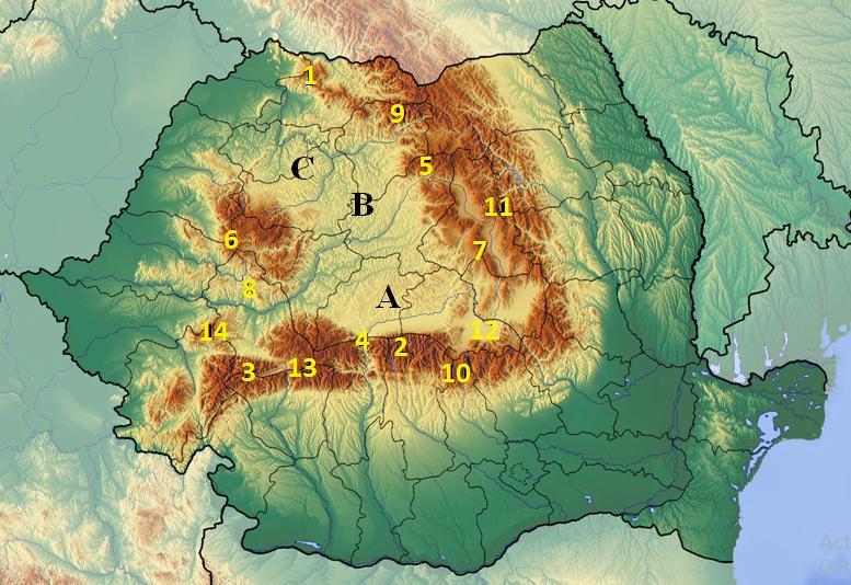 III. Az alábbi térképen feltüntetett számok illetve betűk domborzati elemeket (hegységeket, hegyközi medencéket valamint tájegységeket) ábrázolnak. Oldd meg a velük kapcsolatos feladatsort! a. Egészítsd ki a mondatokat!