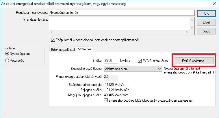 4 Napelemek nyereség számítása 2. Napelemek nyereség számítása A számítás a nyereségáram források megadására szolgáló ablakban lévő PVGIS számítás nyomógombbal indítható.