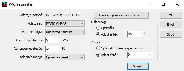 Válasszuk ki a PV technológia alatt a napelemre jellemző értéket. Adjuk meg a napelemtáblákra összesített csúcsteljesítményt, illetve a becsült rendszerveszteséget.