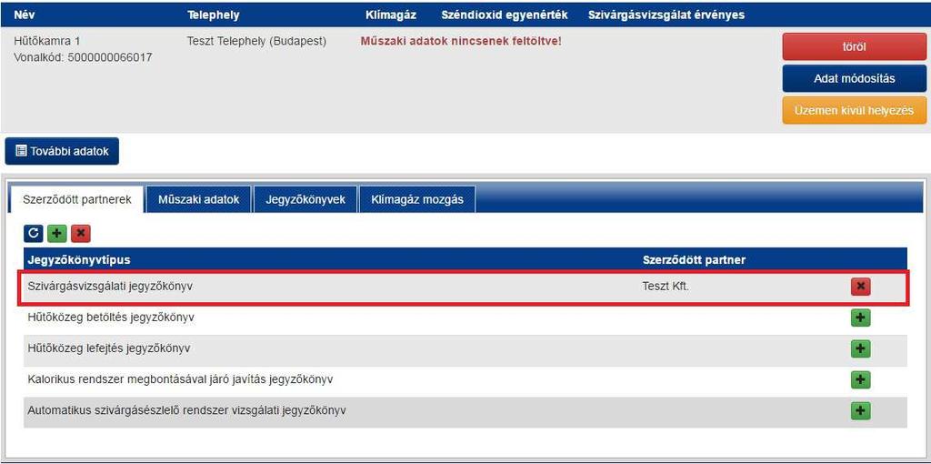 18. Hozzárendelést követően a További adatok menüpontban megjelenik a kiválasztott vállalkozás (jelen esetben a Teszt Kft. ) (18. ábra). Az x gombra kattintva törölhető a megbízás. 18.