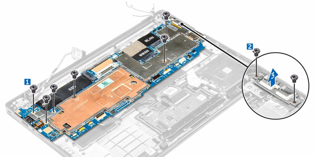 WWAN AUX antenna kábel h. NFC kábel 4. Az alaplap eltávolítása: a.