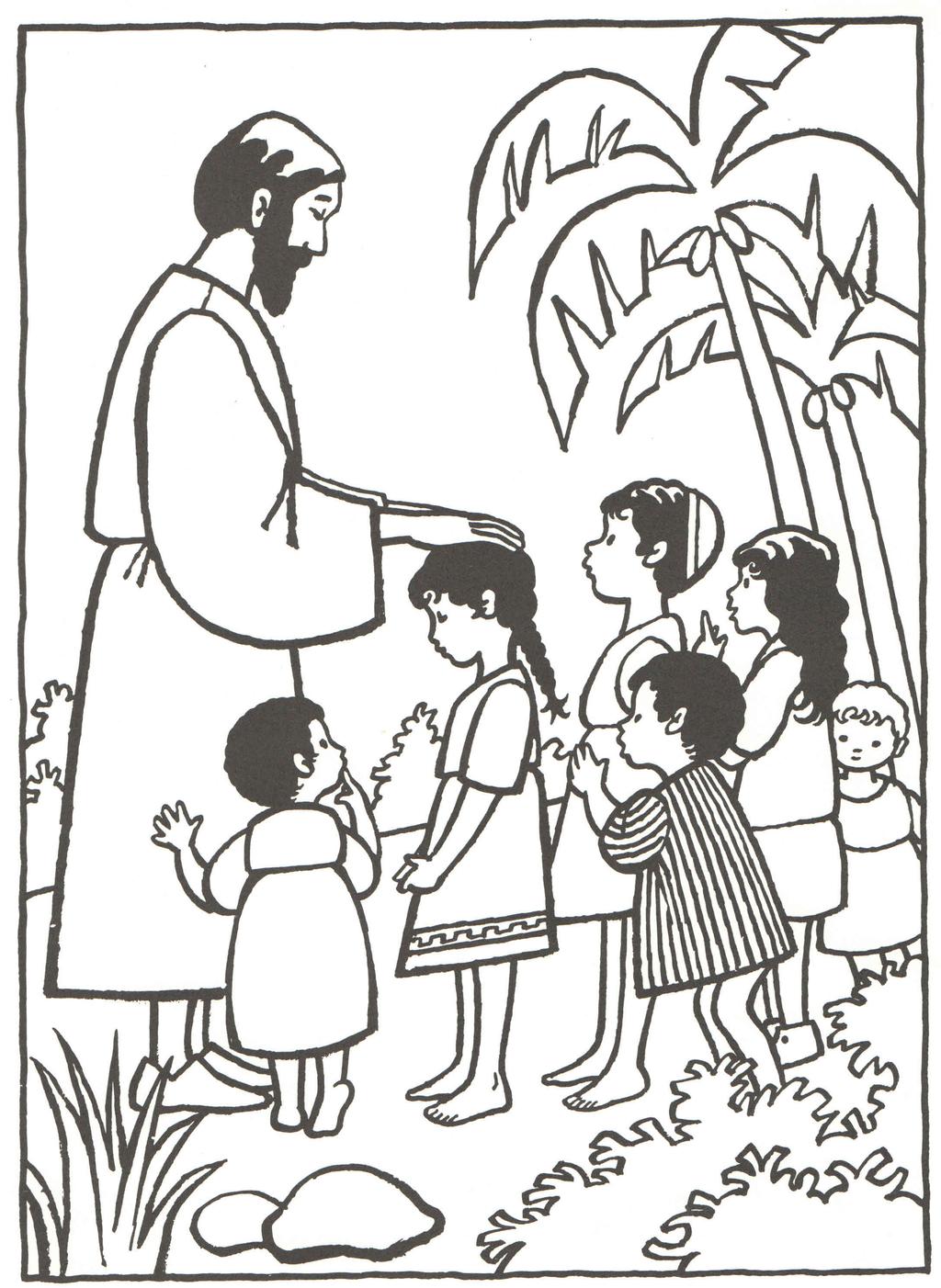 Ü gyeskedj Jézus megáldja a gyermekeket. Színezzétek ki a képet!