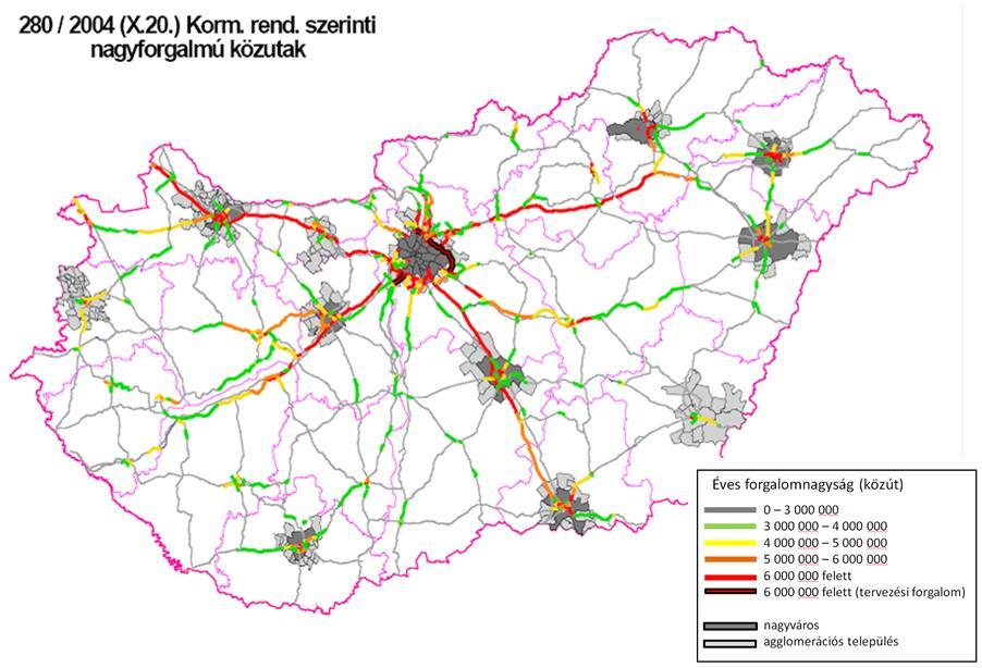 2.1. ábra A2012-ben zajtérképezett, évi 3 millió járműnél nagyobb forgalmat lebonyolító közutak 2.2. táblázat Évente 30 000 szerelvény áthaladásánál nagyobb forgalmat lebonyolító vasútvonalak hossza Vasútvonal Hossz [km] Összesen [km] 1.