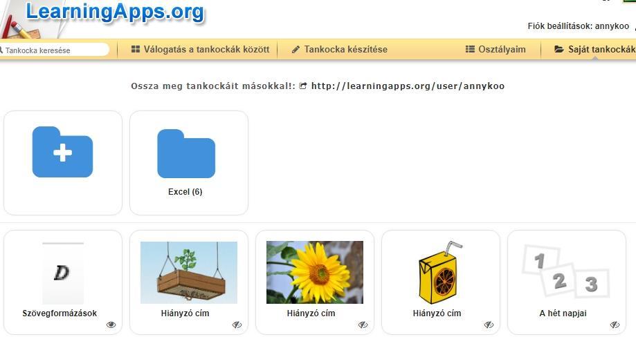 A Saját tankockáink oldalon találunk egy linket: http://learningapps.org/user/annykoo melyet megosztva bárki, bejelentkezés nélkül láthatja a mappáinkat és a nyilvános tankockáinkat.