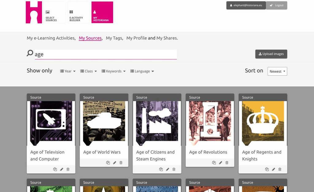 Források kiválasztása és feltöltése A források kiválasztásához menjen a MyHistoriana részben található MySources opcióra. Használja a szabad szöveges keresőt.
