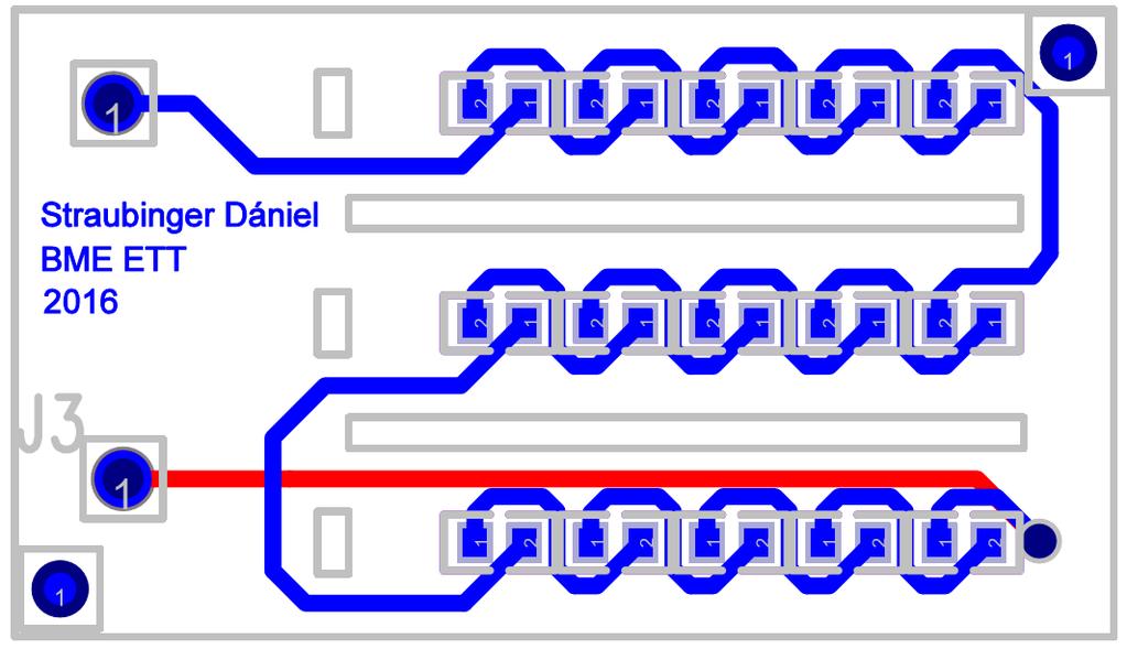 6-1. ábra - a 0603-mas méretkódú alkatrészekhez készült layout (kék: TOP; piros: BOTTOM rétegek) A minimális távolságot a footprintek és vezetékek között a tanszéki keretek között rendelkezésre álló