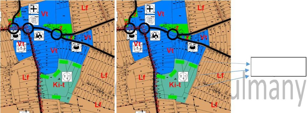 terv változása (érvényes-módosítás) Vt, Ki-t és Lf határa változik Köztemető útja a tényleges földhivatali térképnek