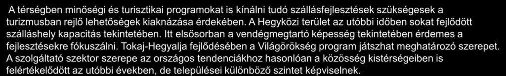 A térség helyzete a vállalkozások szempontjából 2/2 A térségben minőségi és turisztikai programokat is kínálni tudó szállásfejlesztések szükségesek a turizmusban rejlő lehetőségek kiaknázása