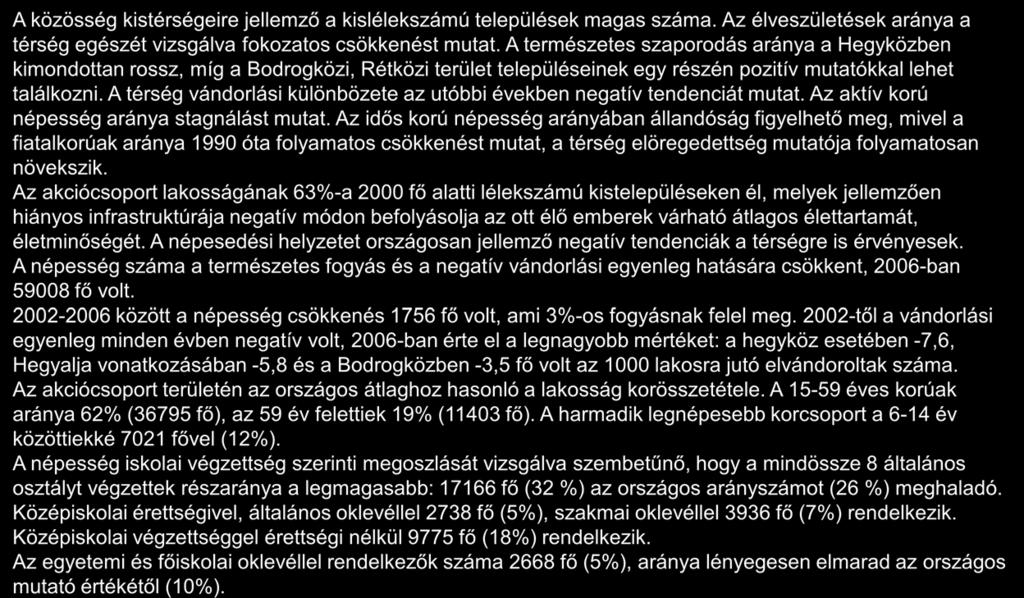 A térség demográfiai helyzete 1/2 A közösség kistérségeire jellemző a kislélekszámú települések magas száma. Az élveszületések aránya a térség egészét vizsgálva fokozatos csökkenést mutat.