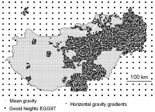 94 GPS/leveling points (recently leveled) Additionally, we introduced 267 European Gravimetric Quasigeoid (EGG97) heights (Denker and Torge, 1998) outside of Hungary just to avoid drifting away of