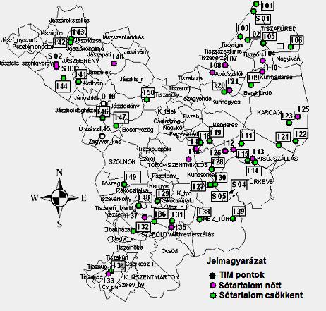 Sótartalom csökkenése mutatható ki 1992-1998 között a TIM Jász-Nagykun- Szolnok megyei pontjainak többségénél és az összes mérőpont átlagában.