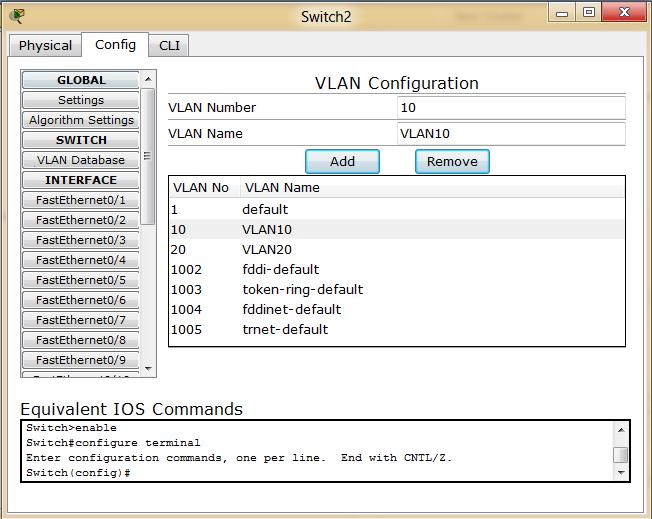 Konfigurálás GUI-n keresztül Kattintsunk a Config fülre, majd bal oldalon keressük meg a VLAN Database menüt. Ezzel tudjuk megmondani a switchnek, hogy milyen VLAN-okat ismerjen. 3.