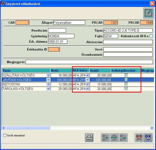 Előkalkuláció Az Új gépjármű értékesítés modul főablakának Gépjármű adatok/előkalkuláció menüpontja alól indítható Gépjármű előkalkuláció ablakon 3 új oszlop jelent meg: ÁFA-kulcs, Bruttó,
