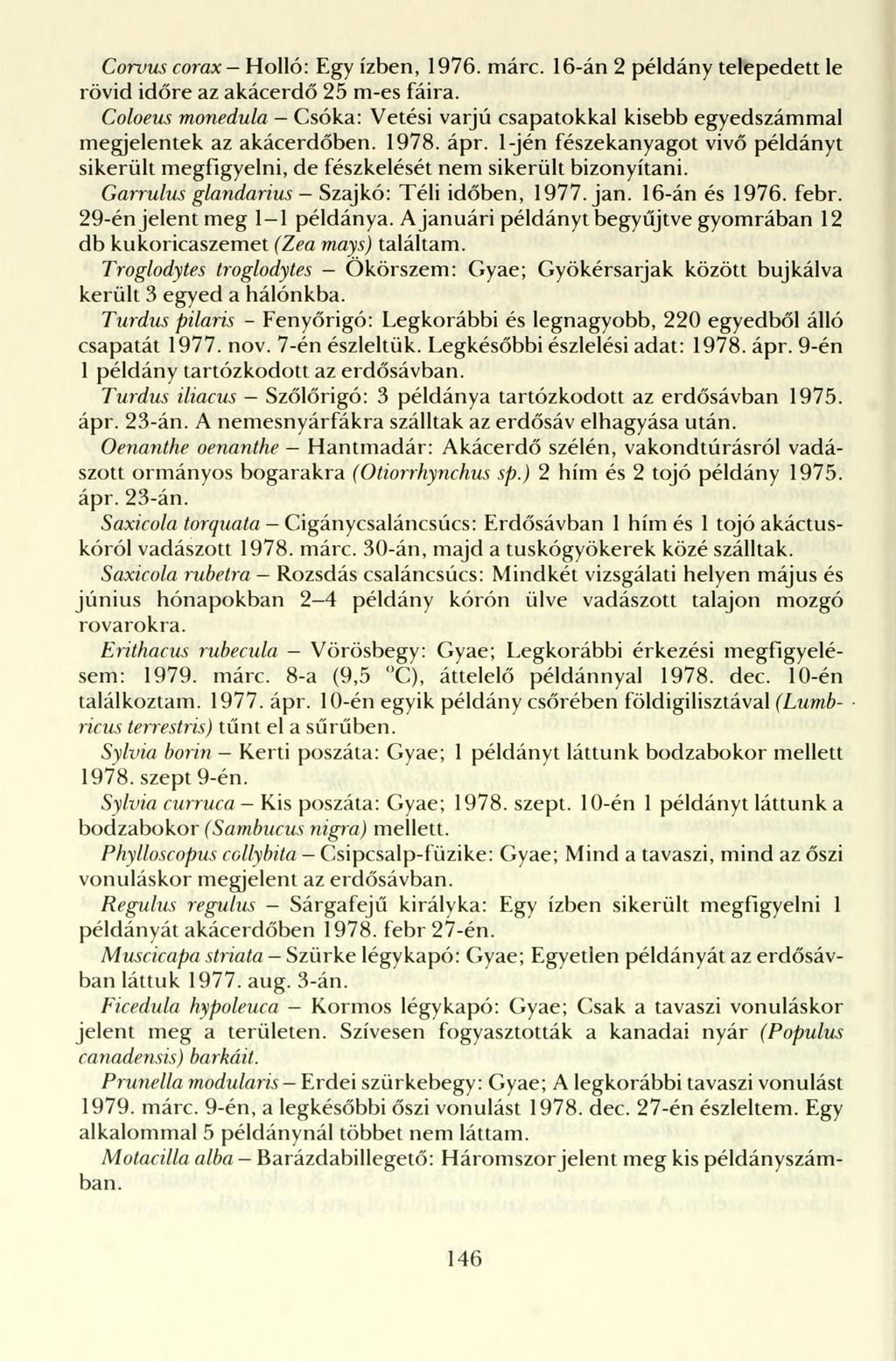 Corvus corax Holló: Egy ízben, 1976. márc. 16-án 2 példány telepedett le rövid időre az akácerdő 25 m-es fáira.