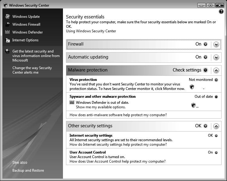 Az ügyfelek biztonsága A Security Center A Windows Vistába beépített Security Center (Biztonsági központ) sokban hasonlít a korábbi verzióhoz, azonban el is tér attól.